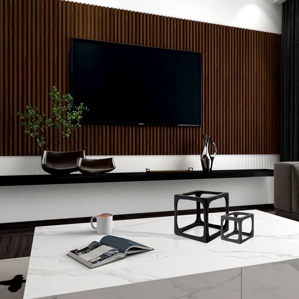 Set of Two Black Aluminum Cube Tabletop Sculptures