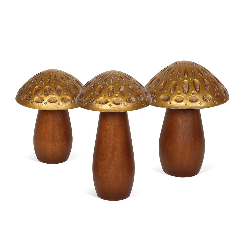 Set of Three Brown And Gold Wood Mushroom Tabletop Sculptures