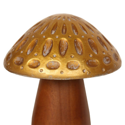 Set of Three Brown And Gold Wood Mushroom Tabletop Sculptures