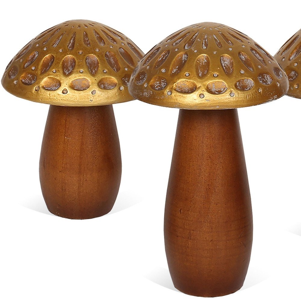 Set of Three Brown And Gold Wood Mushroom Tabletop Sculptures