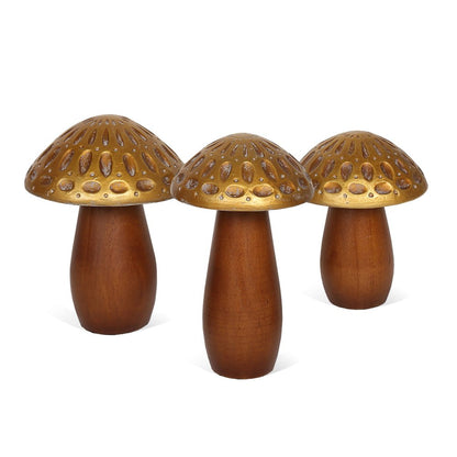 Set of Three Brown And Gold Wood Mushroom Tabletop Sculptures