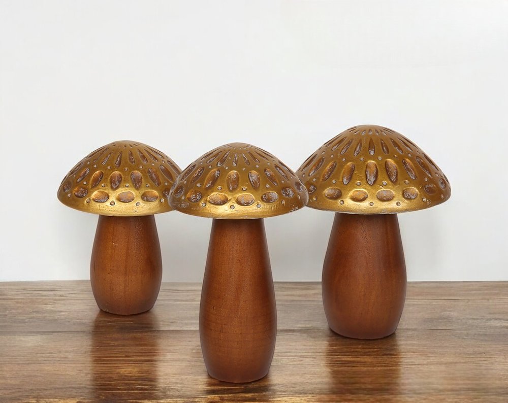 Set of Three Brown And Gold Wood Mushroom Tabletop Sculptures