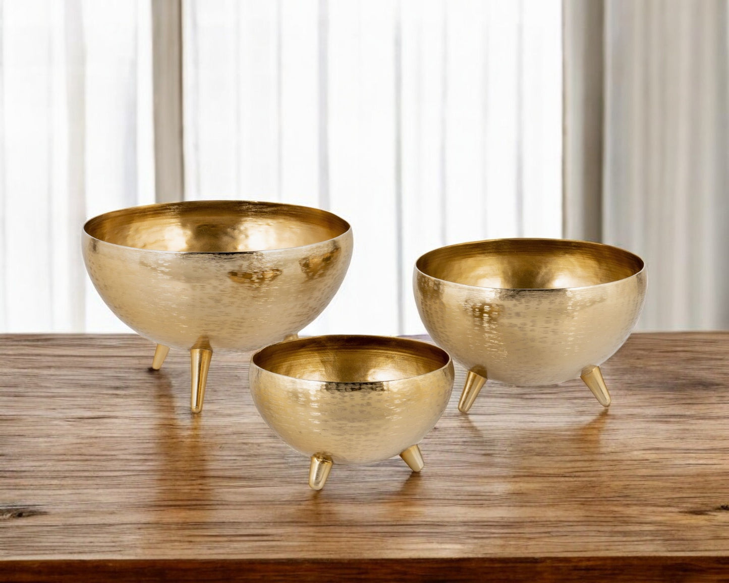 Set of Three Gold Metal Decorative Footed Bowls