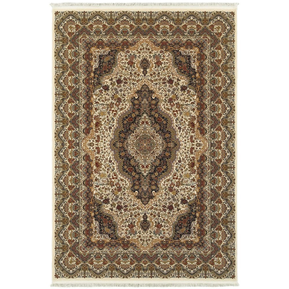 4' X 5' Ivory Black And Brown Medallion Area Rug With Fringe