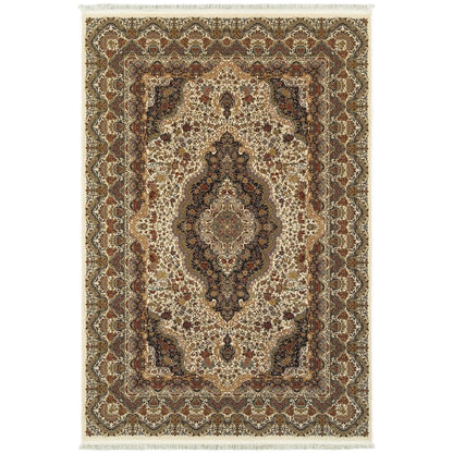 4' X 5' Ivory Black And Brown Medallion Area Rug With Fringe