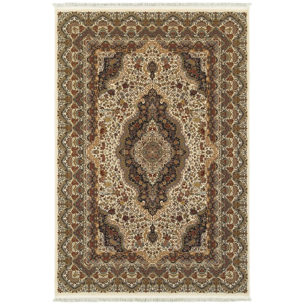 4' X 5' Ivory Black And Brown Medallion Area Rug With Fringe