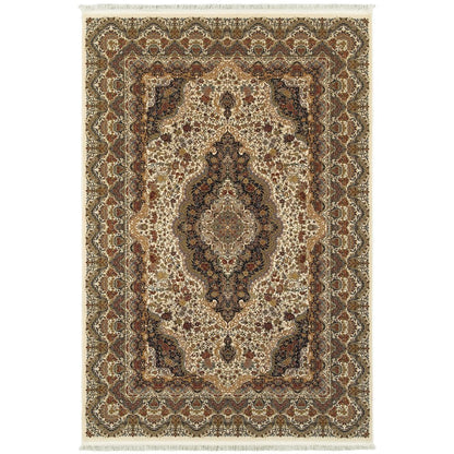 4' X 5' Ivory Black And Brown Medallion Area Rug With Fringe