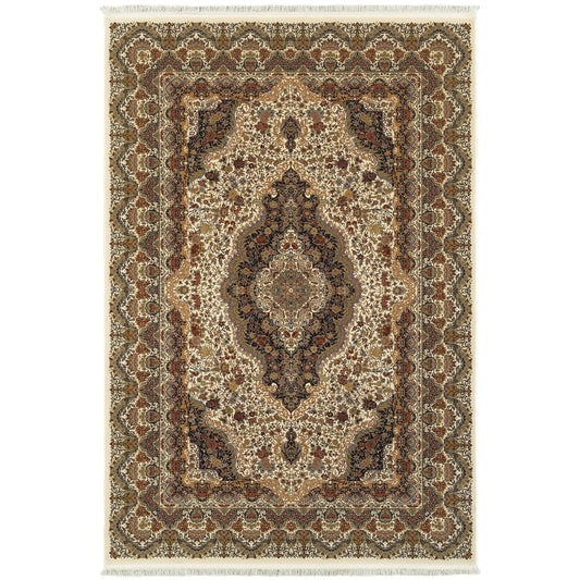 4' X 5' Ivory Black And Brown Medallion Area Rug With Fringe