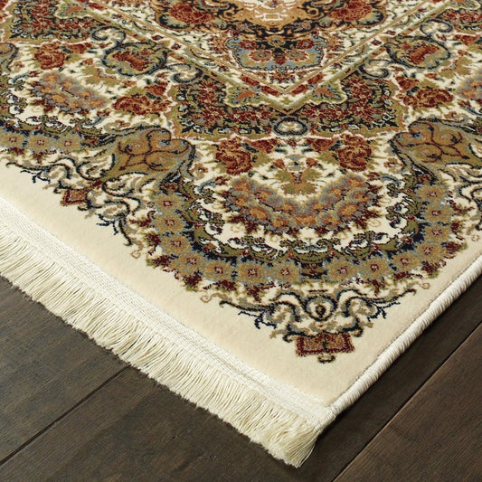 4' X 5' Ivory Black And Brown Medallion Area Rug With Fringe
