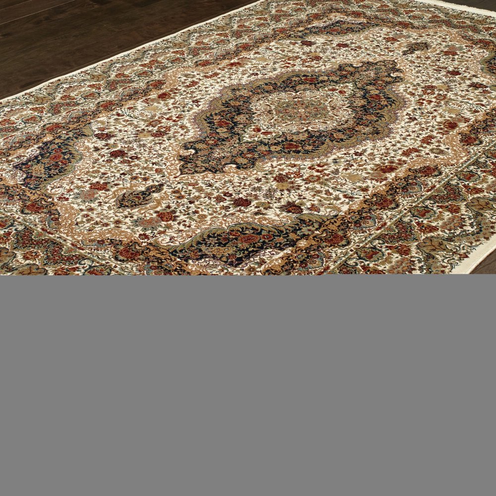 4' X 5' Ivory Black And Brown Medallion Area Rug With Fringe