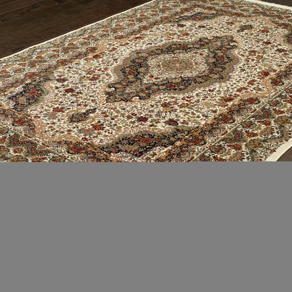 4' X 5' Ivory Black And Brown Medallion Area Rug With Fringe
