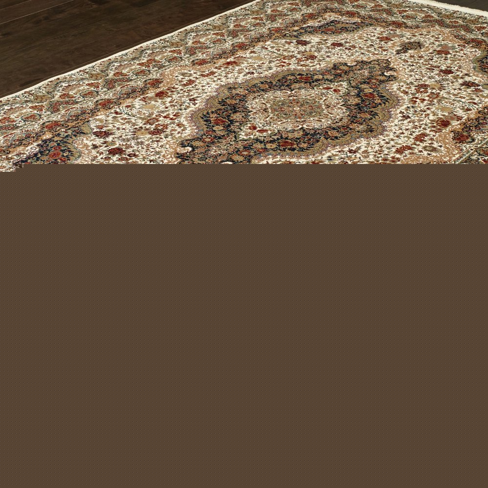 4' X 5' Ivory Black And Brown Medallion Area Rug With Fringe