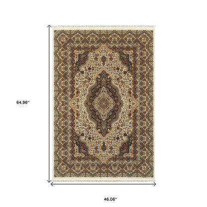 4' X 5' Ivory Black And Brown Medallion Area Rug With Fringe