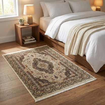 4' X 5' Ivory Black And Brown Medallion Area Rug With Fringe