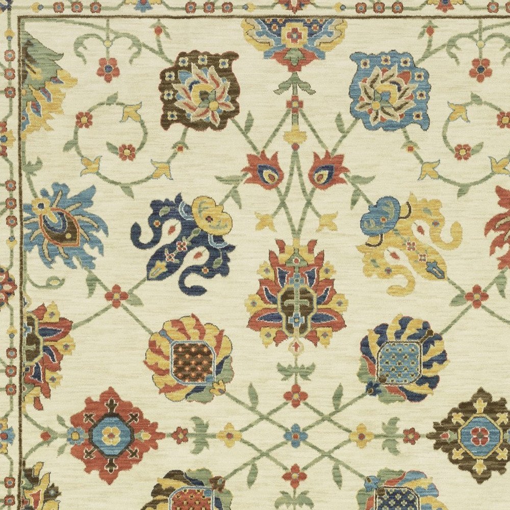 8' X 11' Ivory Yellow And Orange Oriental Area Rug With Fringe
