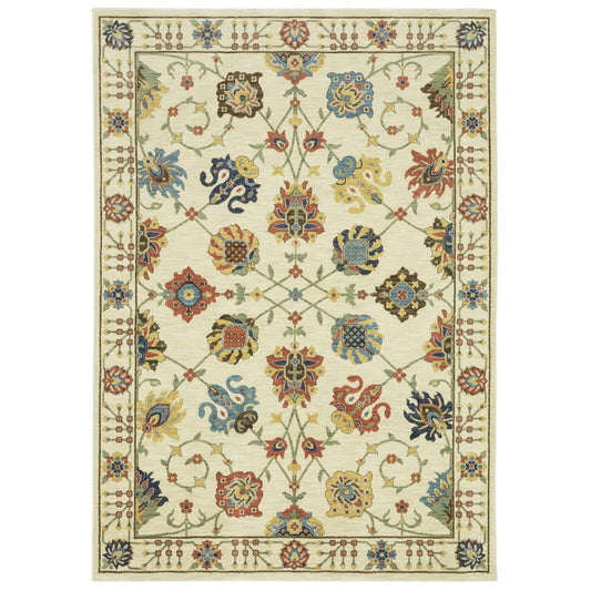 8' X 11' Ivory Yellow And Orange Oriental Area Rug With Fringe
