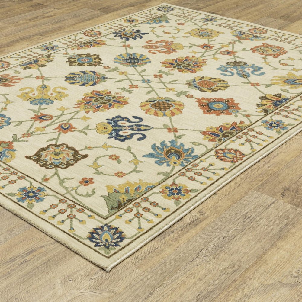 8' X 11' Ivory Yellow And Orange Oriental Area Rug With Fringe