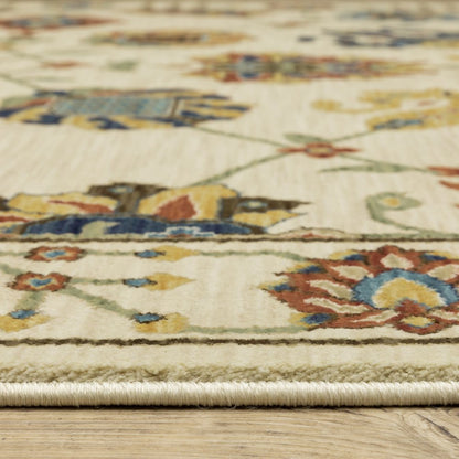 8' X 11' Ivory Yellow And Orange Oriental Area Rug With Fringe