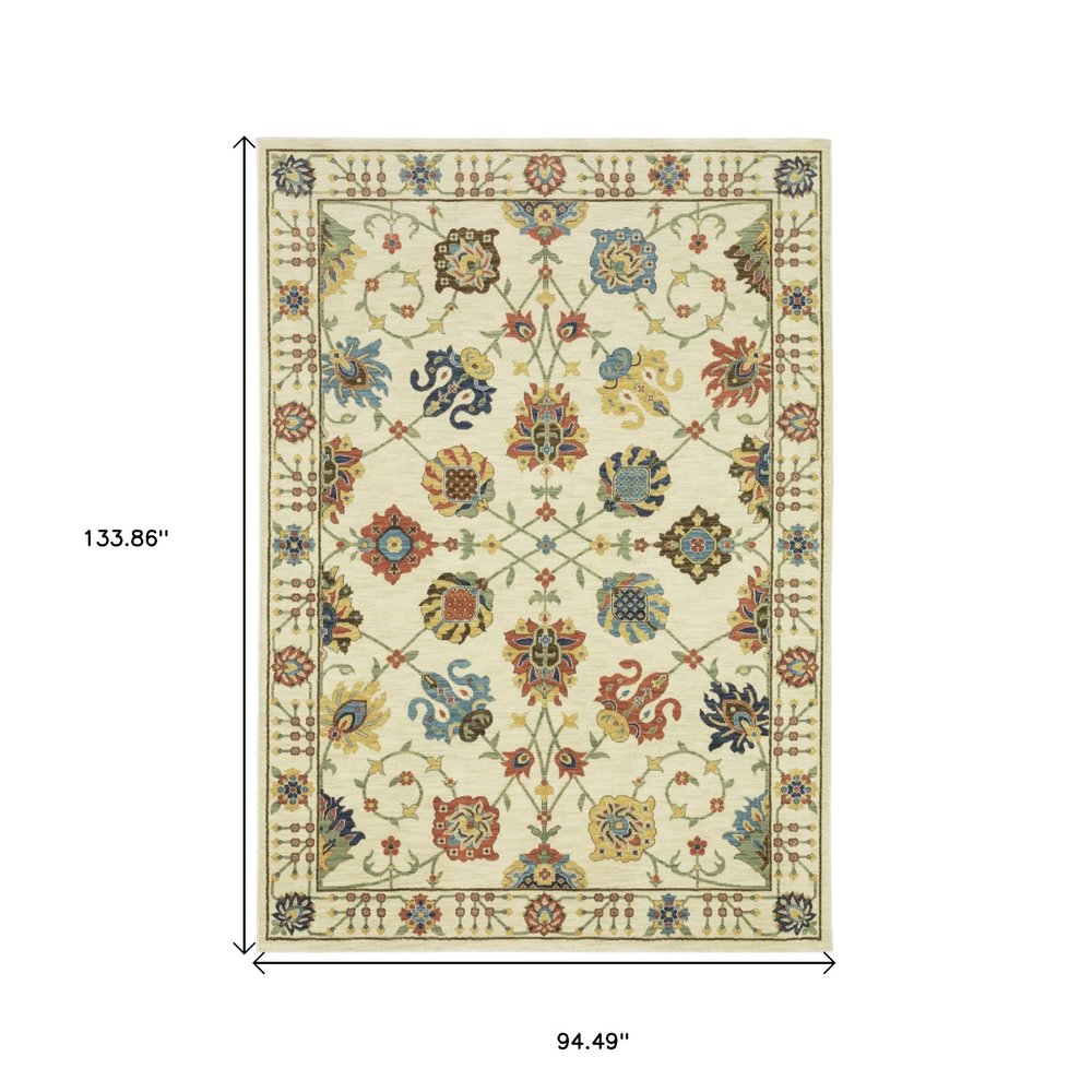 8' X 11' Ivory Yellow And Orange Oriental Area Rug With Fringe