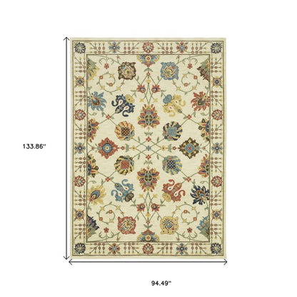 8' X 11' Ivory Yellow And Orange Oriental Area Rug With Fringe