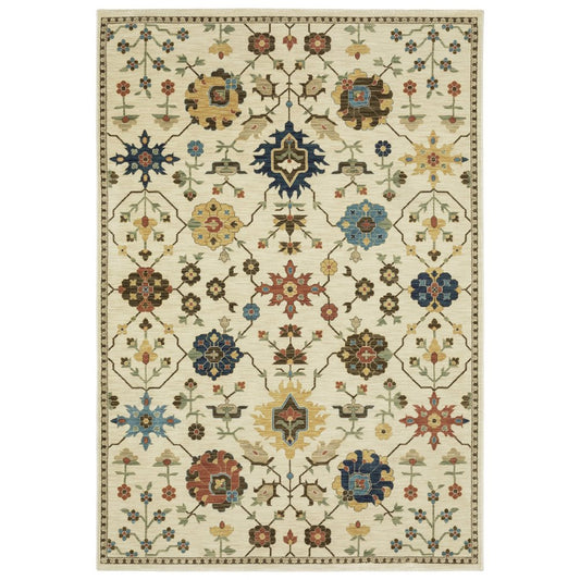 8' X 11' Ivory And Gold Oriental Area Rug With Fringe