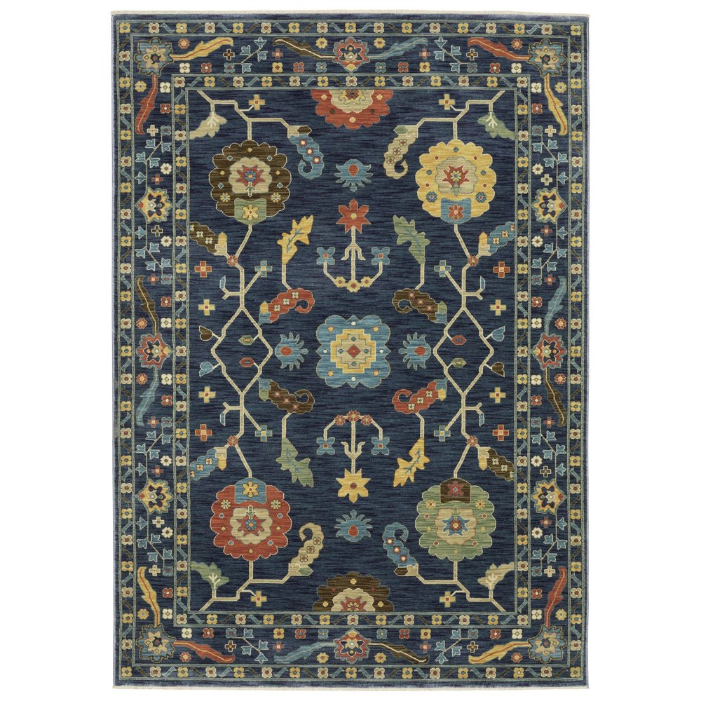 8' X 11' Blue And Gold Oriental Area Rug With Fringe