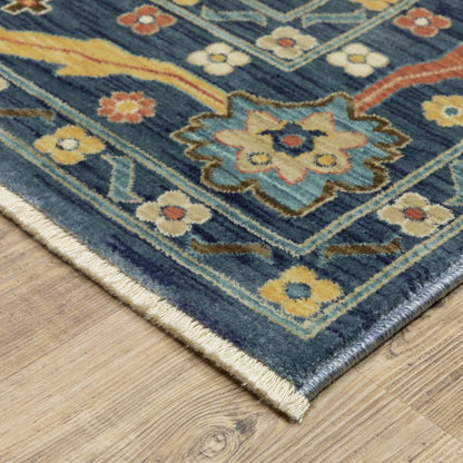 8' X 11' Blue And Gold Oriental Area Rug With Fringe
