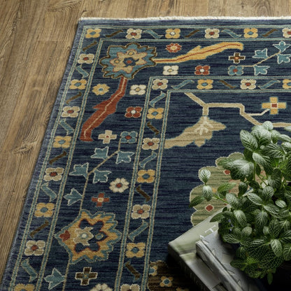 8' X 11' Blue And Gold Oriental Area Rug With Fringe