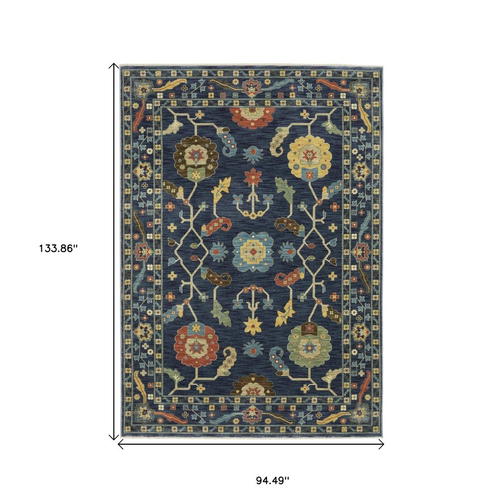 8' X 11' Blue And Gold Oriental Area Rug With Fringe