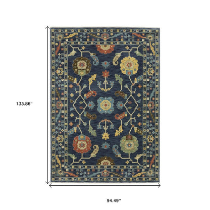 8' X 11' Blue And Gold Oriental Area Rug With Fringe