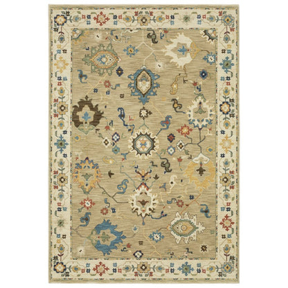 8' X 11' Beige Light Blue And Tan Oriental Area Rug With Fringe
