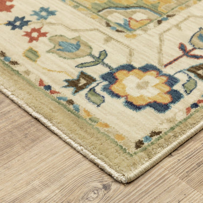 8' X 11' Beige Light Blue And Tan Oriental Area Rug With Fringe