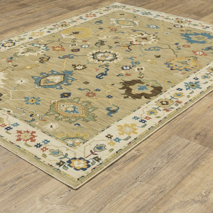 8' X 11' Beige Light Blue And Tan Oriental Area Rug With Fringe