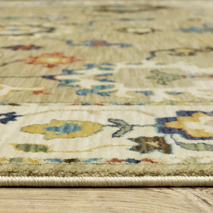 8' X 11' Beige Light Blue And Tan Oriental Area Rug With Fringe