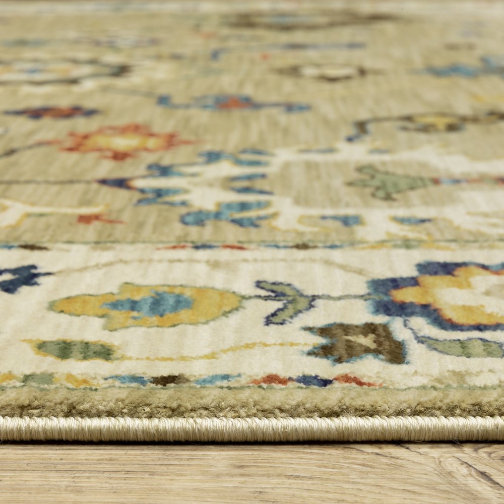 8' X 11' Beige Light Blue And Tan Oriental Area Rug With Fringe