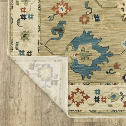 8' X 11' Beige Light Blue And Tan Oriental Area Rug With Fringe