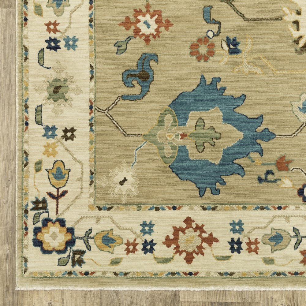 8' X 11' Beige Light Blue And Tan Oriental Area Rug With Fringe