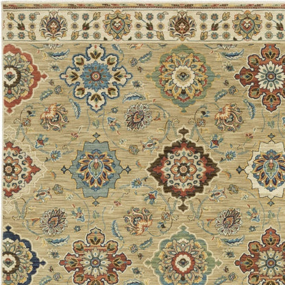 8' X 11' Tan Ivory And Brown Floral Area Rug With Fringe