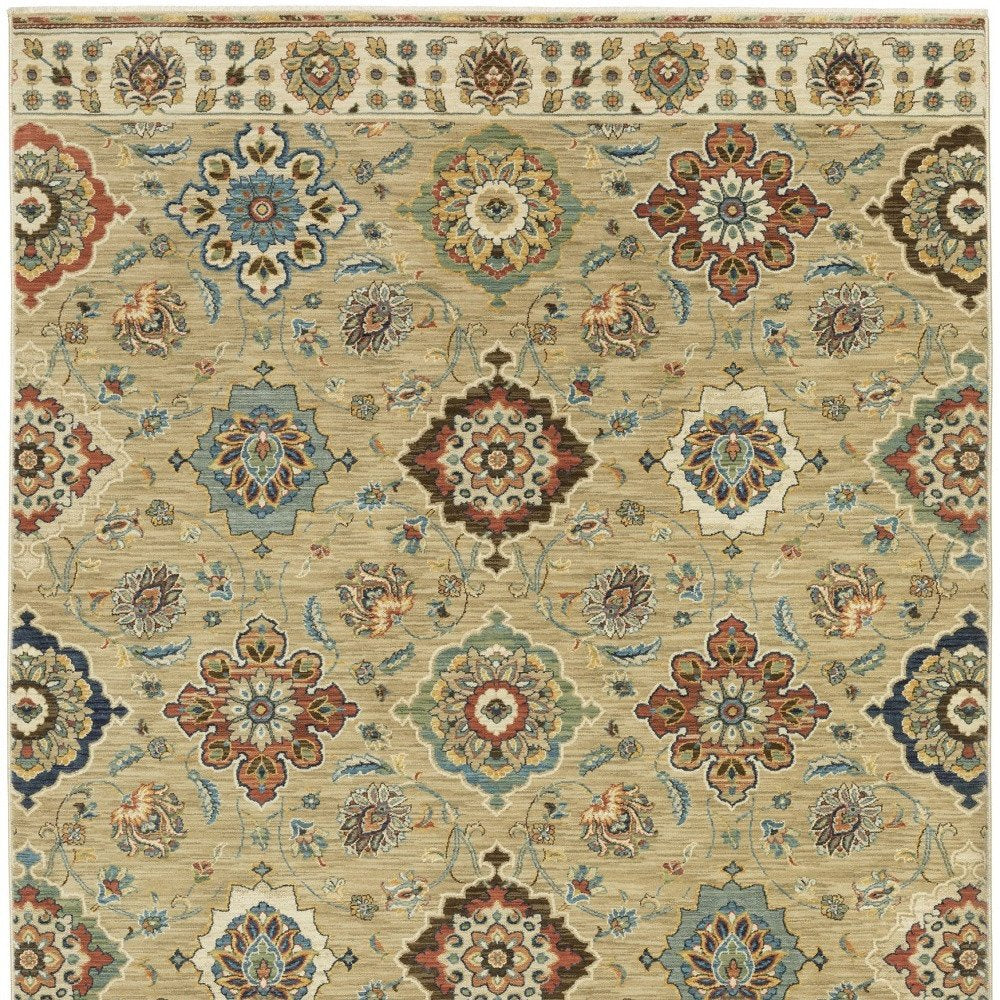 8' X 11' Tan Ivory And Brown Floral Area Rug With Fringe