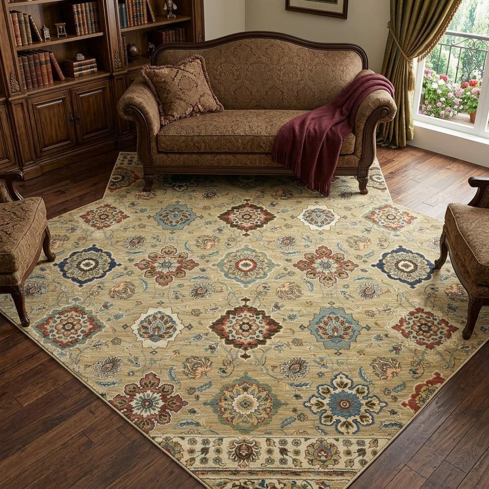 8' X 11' Tan Ivory And Brown Floral Area Rug With Fringe