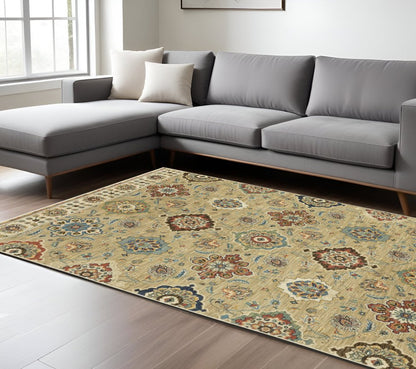 8' X 11' Tan Ivory And Brown Floral Area Rug With Fringe
