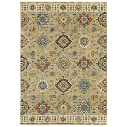 8' X 11' Tan Ivory And Brown Floral Area Rug With Fringe