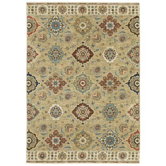 8' X 11' Tan Ivory And Brown Floral Area Rug With Fringe