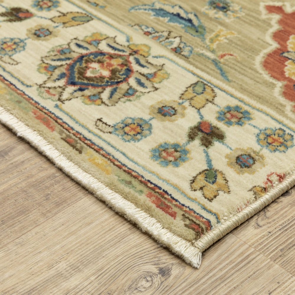 8' X 11' Tan Ivory And Brown Floral Area Rug With Fringe