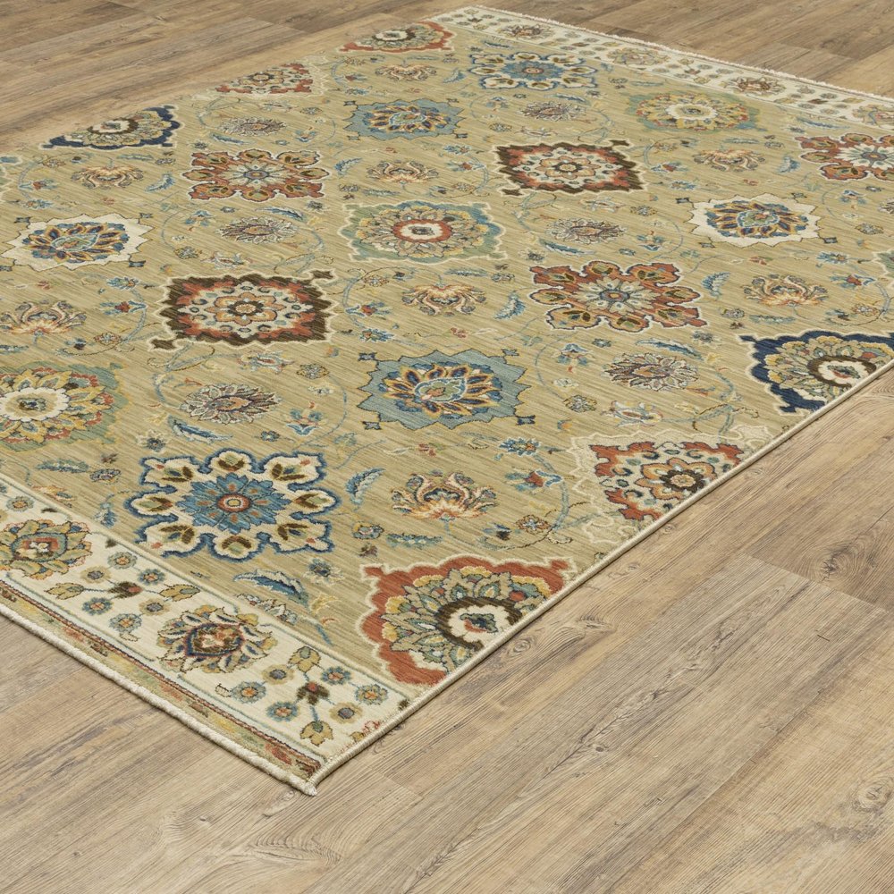 8' X 11' Tan Ivory And Brown Floral Area Rug With Fringe