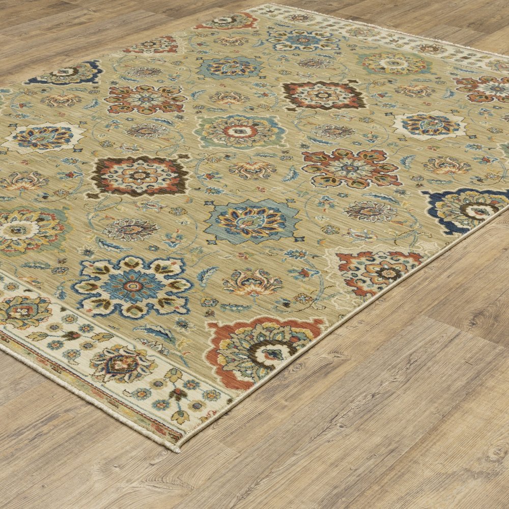 8' X 11' Tan Ivory And Brown Floral Area Rug With Fringe