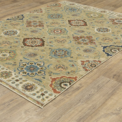 8' X 11' Tan Ivory And Brown Floral Area Rug With Fringe