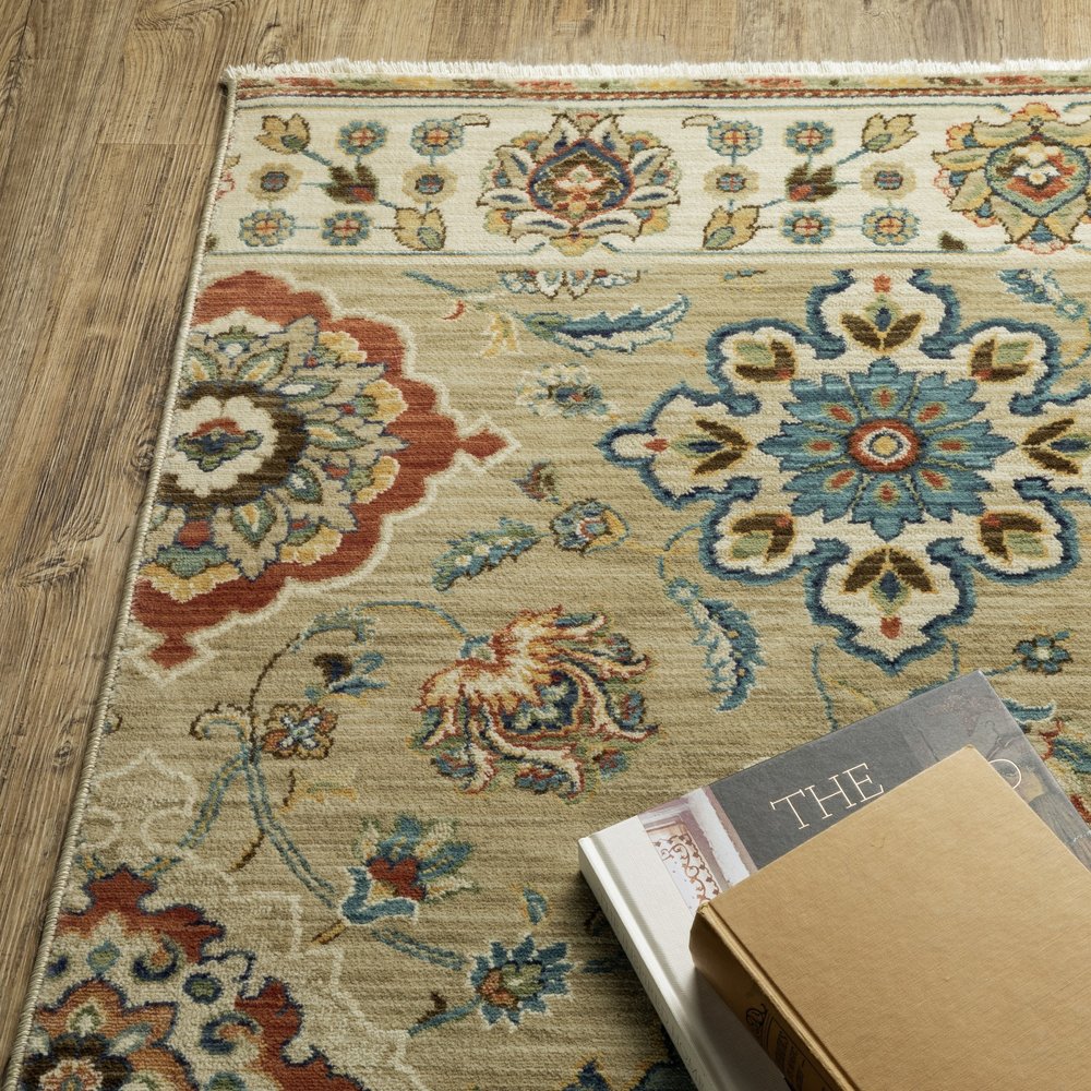 8' X 11' Tan Ivory And Brown Floral Area Rug With Fringe