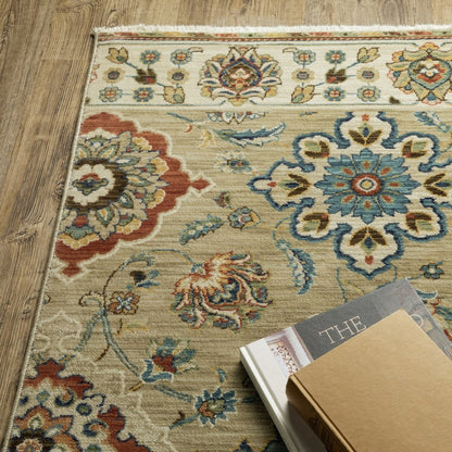 8' X 11' Tan Ivory And Brown Floral Area Rug With Fringe