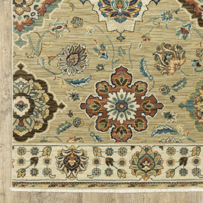 8' X 11' Tan Ivory And Brown Floral Area Rug With Fringe